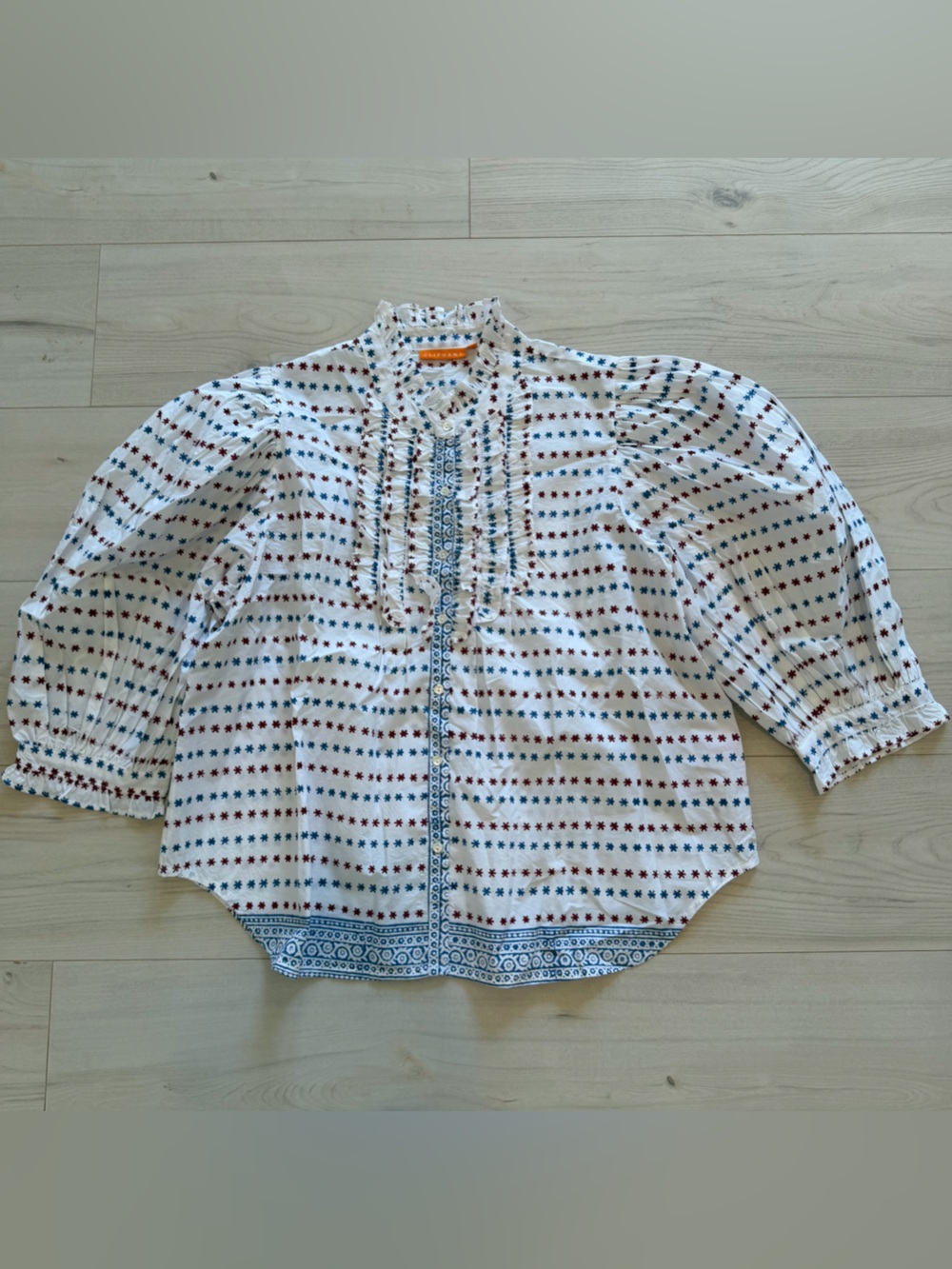 Oliphant White Blouse with Red and Blue Star Rows